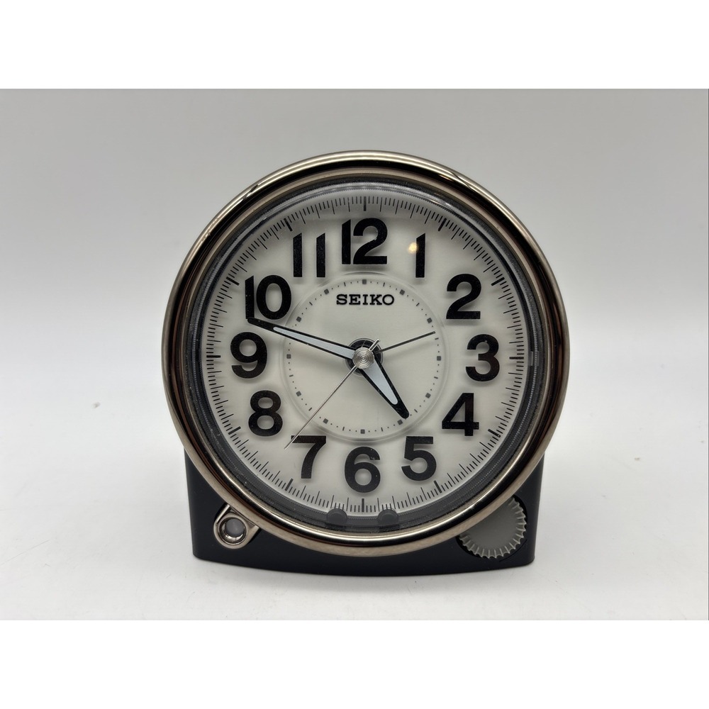 Seiko alarm Clock battery analog desk light 12 hour travel black plastic